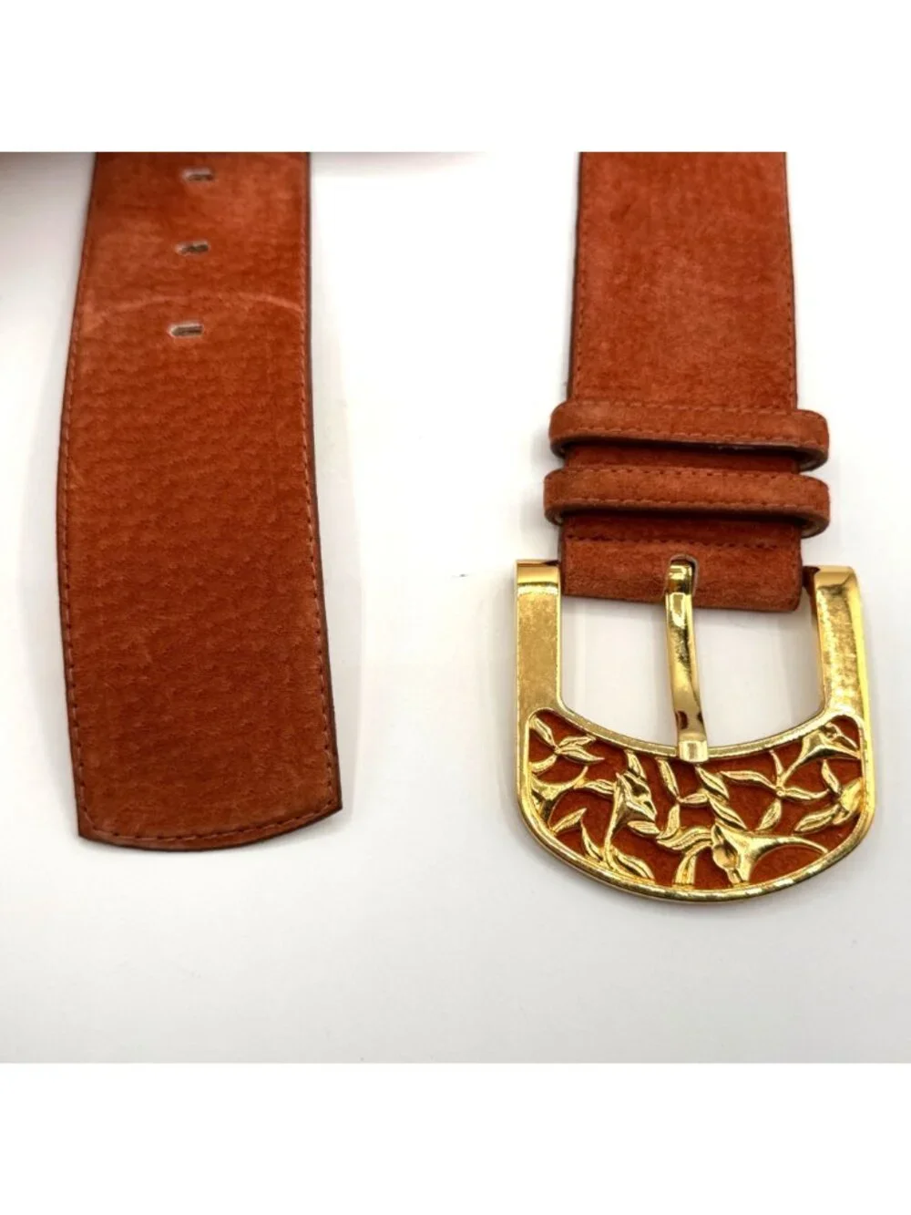 Vintage Cipriani Burnt Orange Genuine Suede Wide Belt Floral Brass Buckle Size M